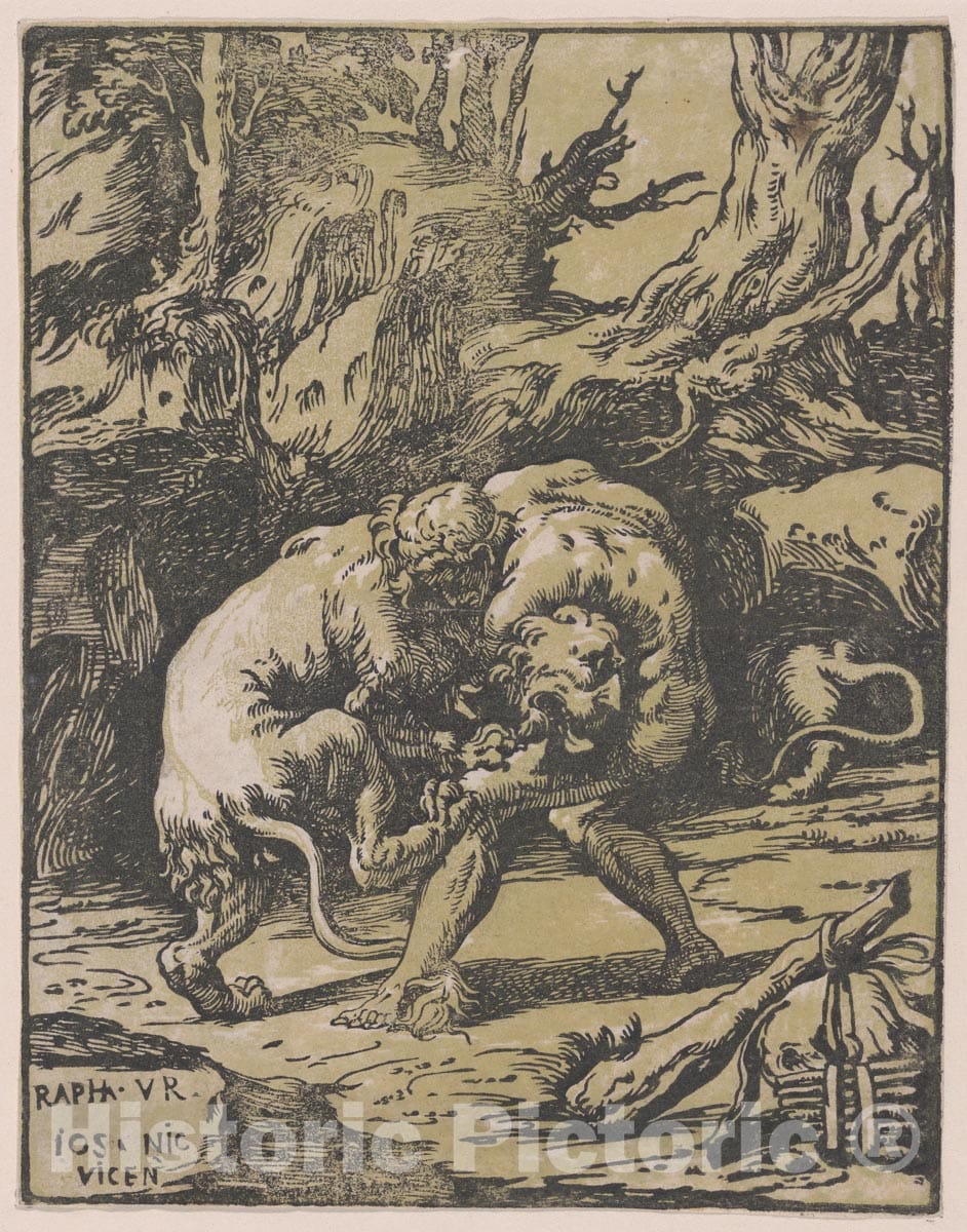 Art Print : Niccolò Vicentino - Hercules Strangling The Nemean Lion : Vintage Wall Art
