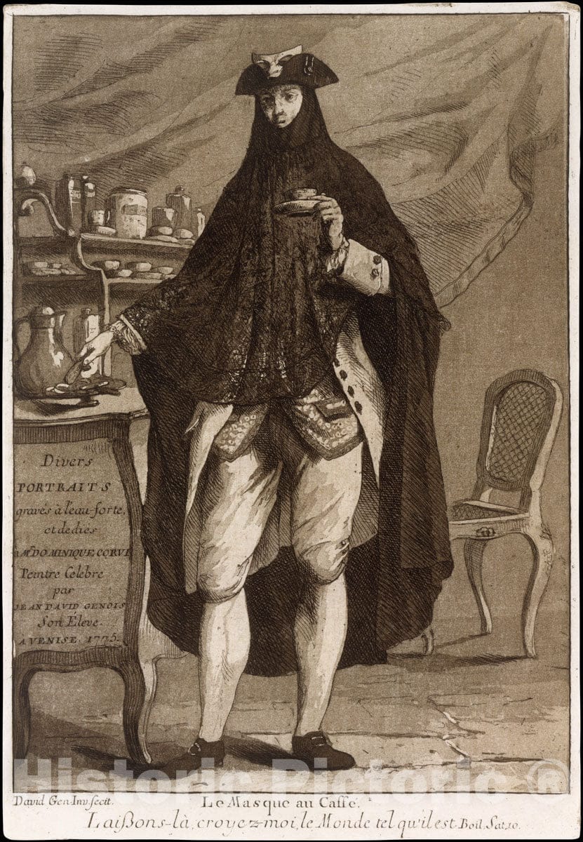 Art Print : Giovanni David - A Man Wearing a mask Drinking a Cup of Coffee (Le Masque au Caffé), Title Page to 'Divers Portraits' : Vintage Wall Art