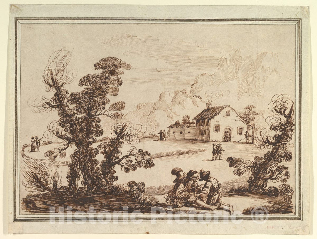 Art Print : 18th Century Imitator of Guercino (Giovanni Francesco Barbieri) - Landscape with Figures and a Farm House : Vintage Wall Art