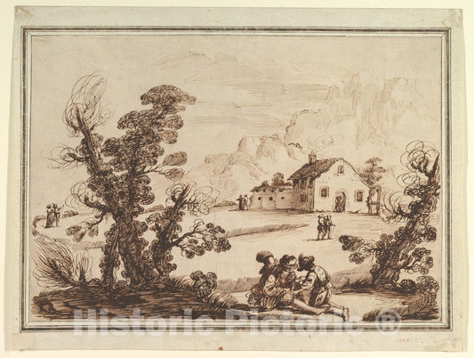 Art Print : 18th Century Imitator of Guercino (Giovanni Francesco Barbieri) - Landscape with Figures and a Farm House : Vintage Wall Art