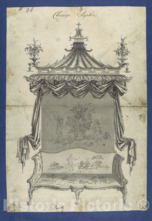 Art Print : Thomas Chippendale - Chinese Sopha Sofa, in Chippendale Drawings, Vol. I 2 : Vintage Wall Art