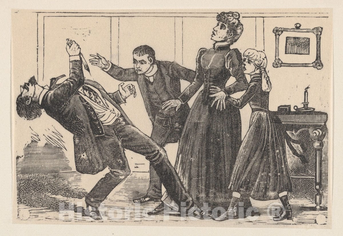 Art Print : José Guadalupe Posada - A Man who has just Stabbed Himself Falls Backwards While Three People Stand in Shock : Vintage Wall Art