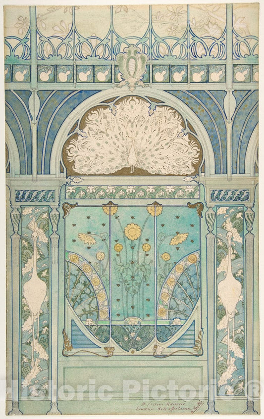 Art Print : Émile Hurtré - Design for a Wall Decoration with Peacock, Cranes, and Sunflowers for The Restaurant in Hotel Langham (Paris) : Vintage Wall Art