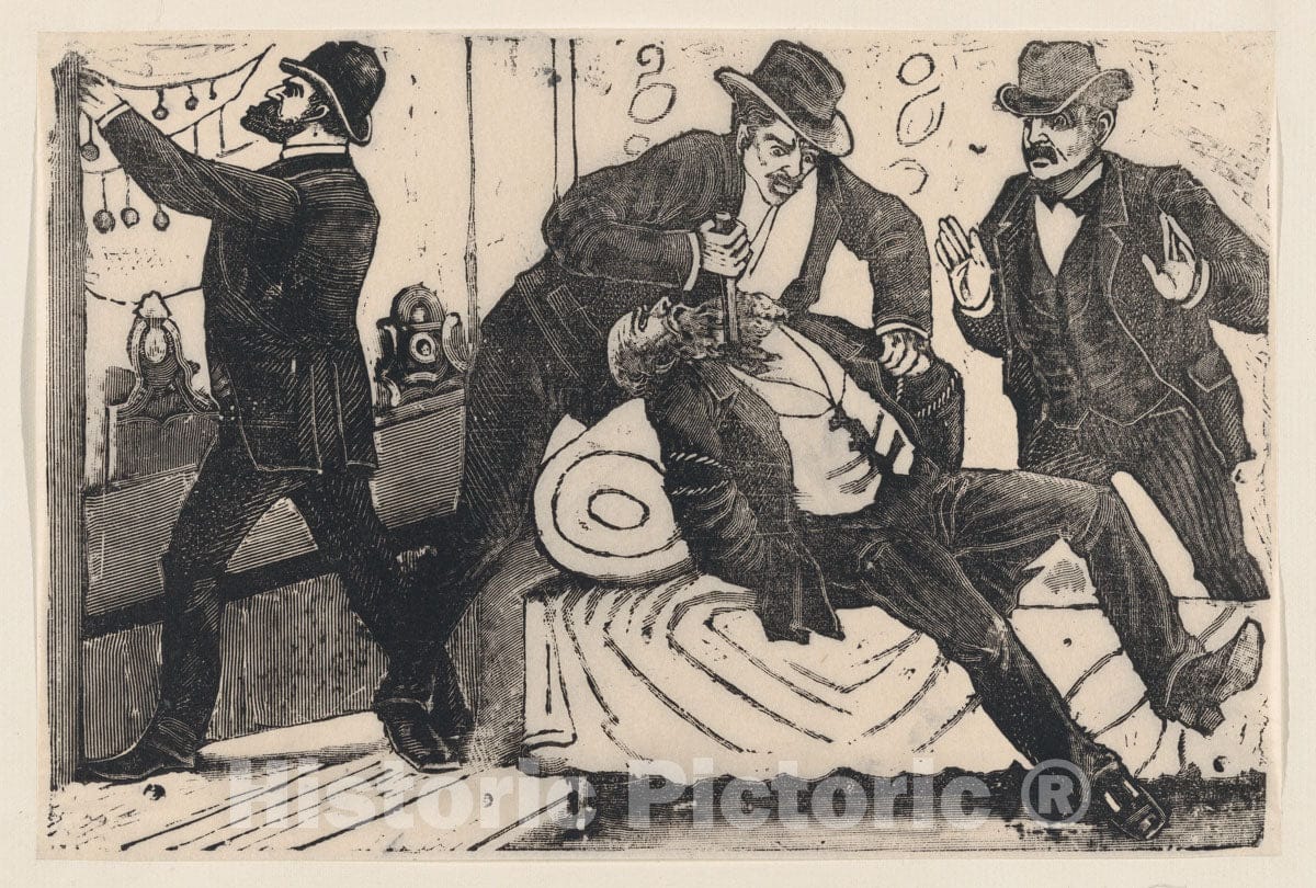 Art Print : José Guadalupe Posada - A man stabbing another man in the chest while his associates loot a store, from a broadside entitled 'The theft at La Profesa' : Vintage Wall Art