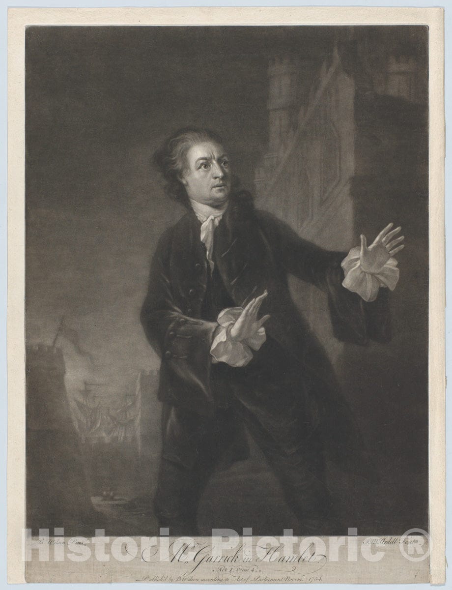 Art Print : James McArdell - David Garrick in Hamlet (Shakespeare, Act 1, Scene 4) : Vintage Wall Art