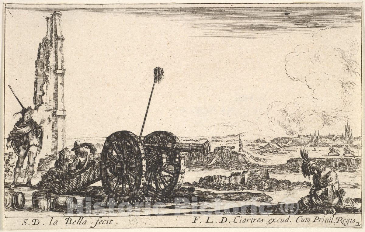 Art Print : Stefano Della Bella - Plate 2: A Cannon to The Left, a Town in The Background, from 'Various Military Caprices' (Varii capricci Militari) v.2 : Vintage Wall Art