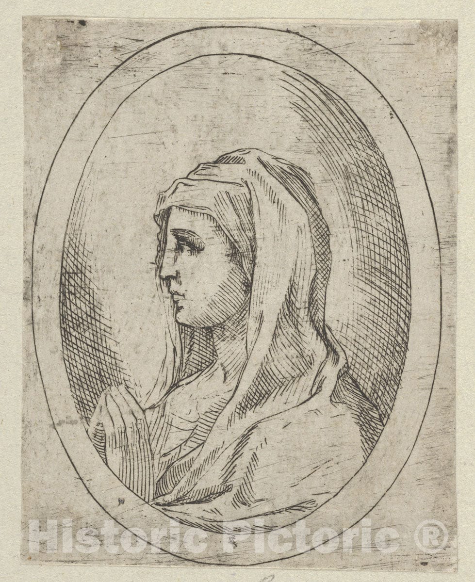 Art Print : Anonymous, 17th Century - The Virgin in Prayer, seen in Profile Facing Left, in an Oval Frame, from Christ, The Virgin, and Thirteen Apostles v.1 : Vintage Wall Art