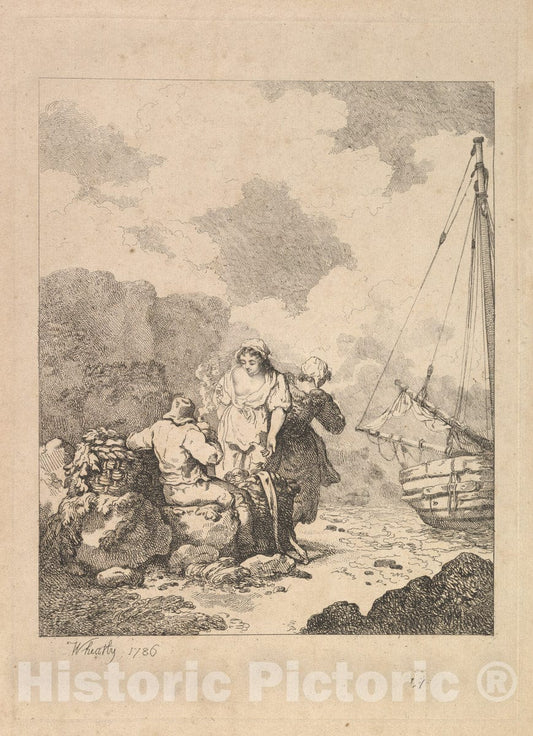 Art Print : Fishermen by The Shore – Coastal Scene with a Man Sitting on Rocks and Smoking a Pipe - Artist: Thomas Rowlandson - Created: 1786 : Vintage Wall Art