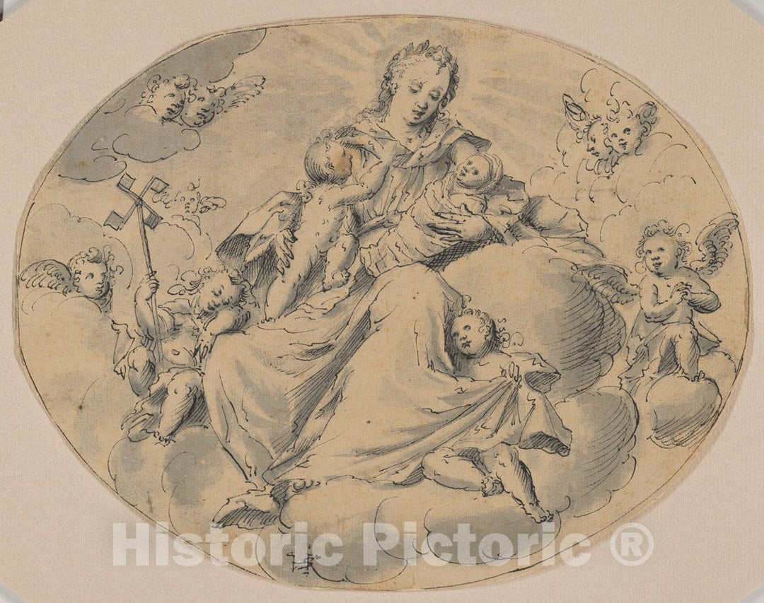 Art Print : Monogrammist HSK - A Personification of Charity Seated on a Cloud, Surrounded by Putti : Vintage Wall Art