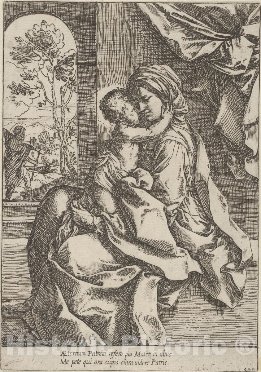 Art Print : Guido Reni - The Virgin Seated with The Christ Child on her Lap embracing her, Joseph seen Through an Archway at Left 1 : Vintage Wall Art