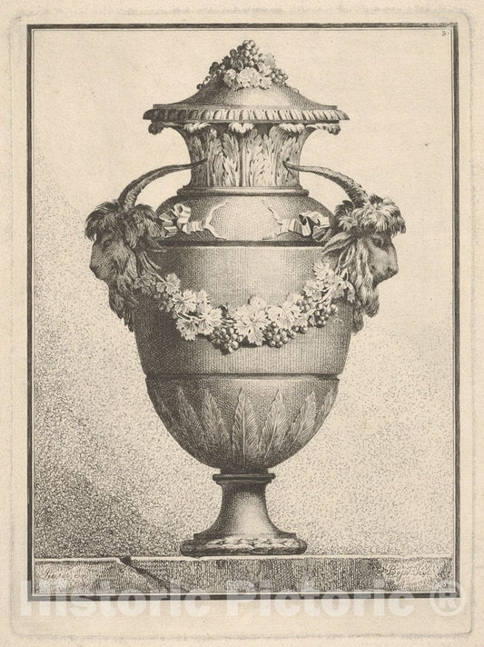 Art Print : Benigno Bossi - Design for a Covered vase with Two Goat Heads and a Garland : Vintage Wall Art