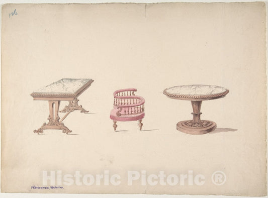 Art Print : British, 19th Century - Design for a Rectangular and Round Marble-Topped Tables and a Tête-à Tête Chair : Vintage Wall Art