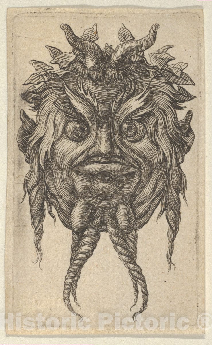 Art Print : François Chauveau - Satyr Mask with Horns and a Twisted Beard Wearing an Ivy Wreath, from Divers Masques : Vintage Wall Art