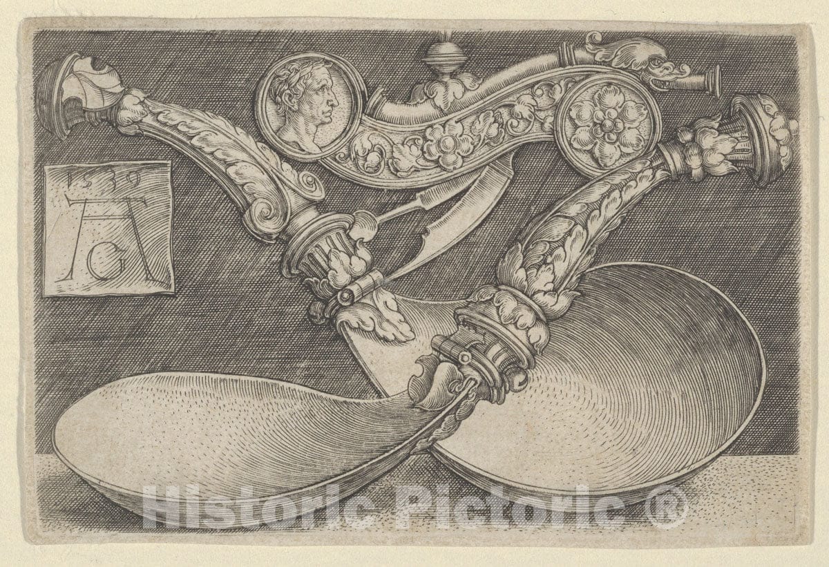 Art Print : Heinrich Aldegrever - Design for Two Spoons and a Dog Whistle : Vintage Wall Art