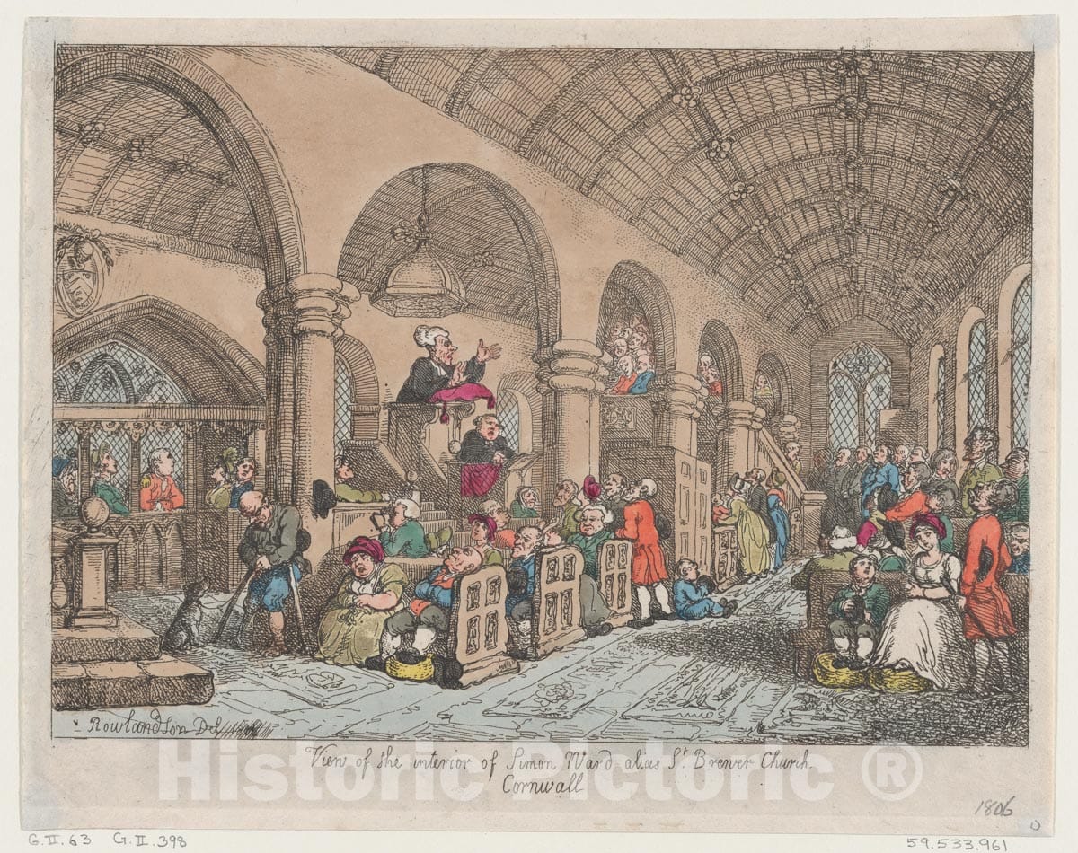 Art Print : Thomas Rowlandson - View of The Interior of Simon Ward Alias St Brewer Church Cornwall : Vintage Wall Art