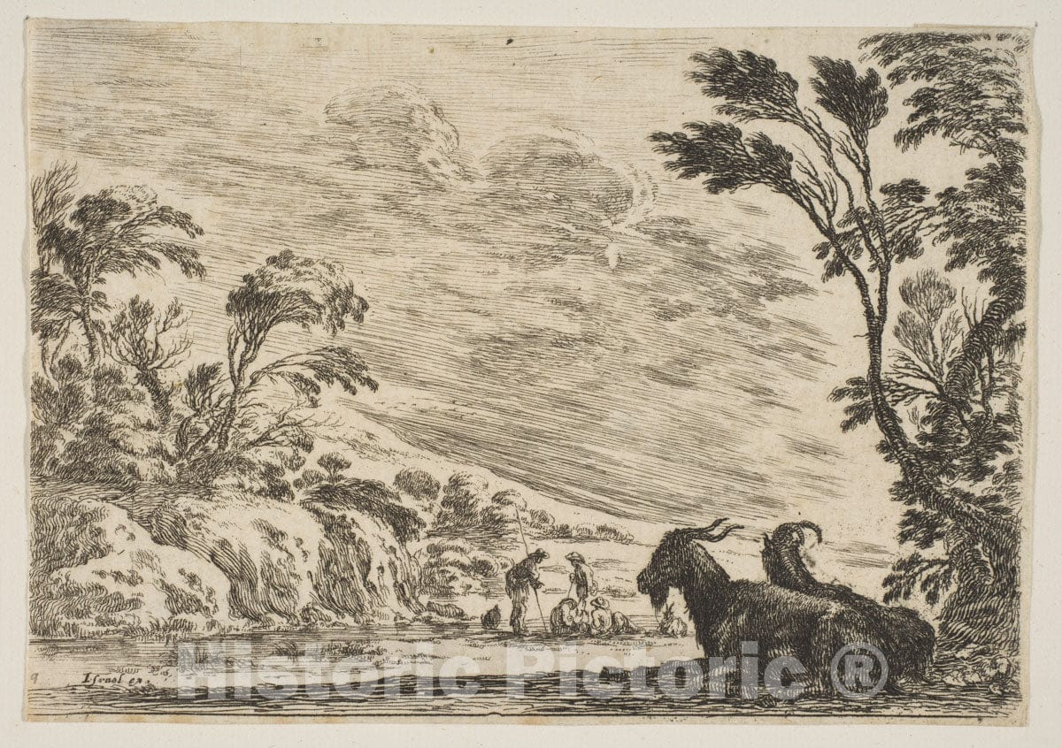 Art Print : Plate 9: Two Goats Resting to Right - Artist: Stefano Della Bella - Created: 1642 v.1 : Vintage Wall Art