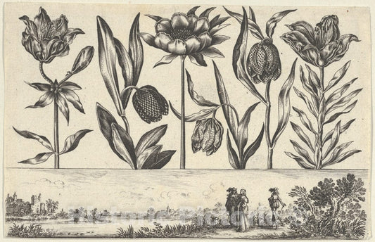 Art Print : Nicolas Cochin - Horizontal Panel with a Row of Flowers Above a Frieze with Figures in a Landscape 5 : Vintage Wall Art