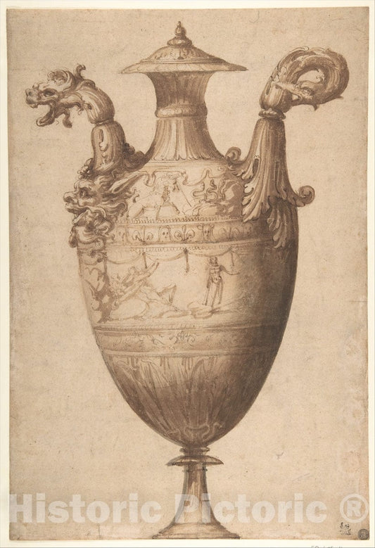 Art Print : Francesco Salviati (Francesco de' Rossi) - Design for a Vase with Hercules and Farnese Lilies : Vintage Wall Art