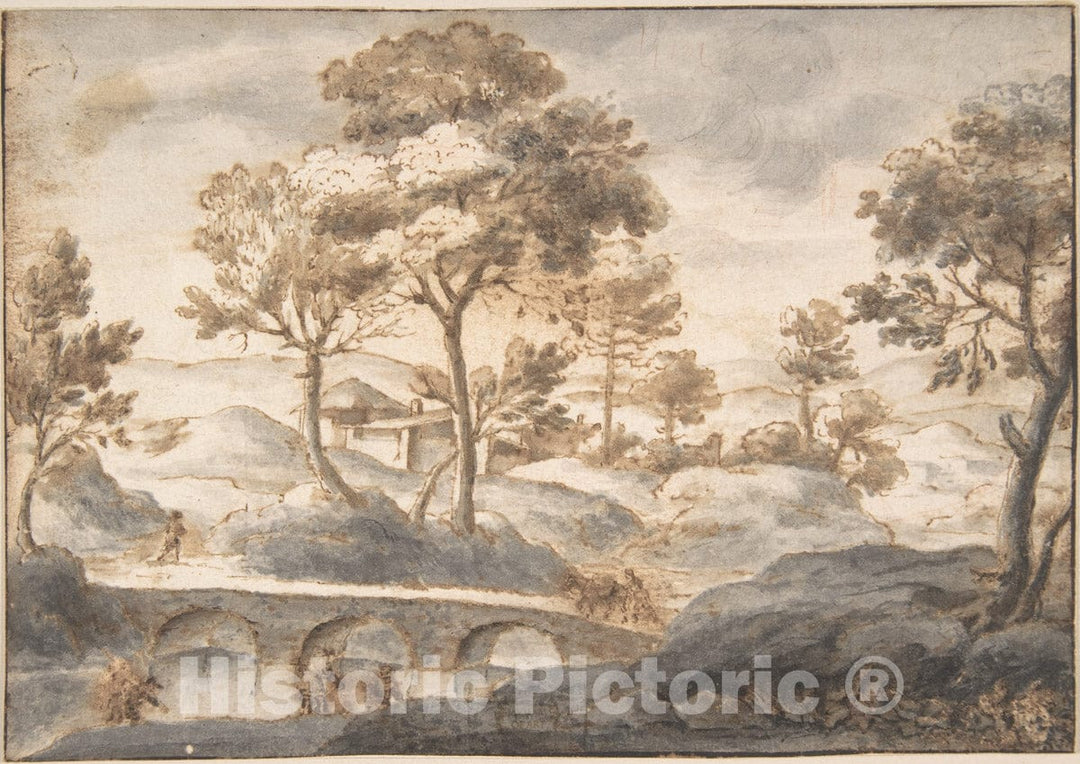 Art Print : Italian, 17th Century - Landscape with Bridge : Vintage Wall Art