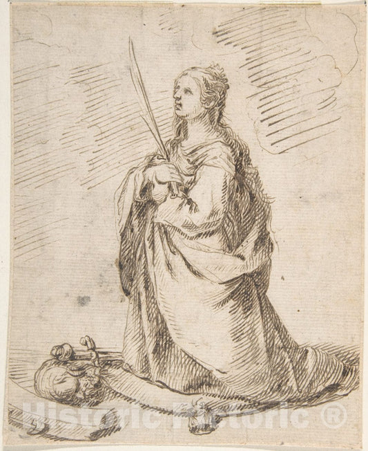 Art Print : Spanish, School of Seville, 17th Century - Kneeling Figure of Saint Catherine of Alexandria : Vintage Wall Art