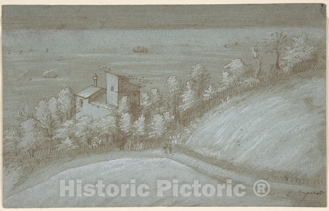 Art Print : Gherardo Cibo - A House with a Dovecote and Trees by The Sea. : Vintage Wall Art