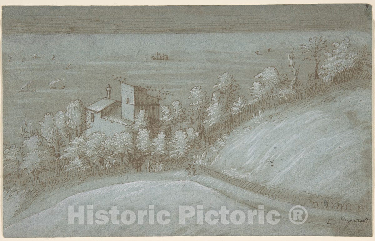 Art Print : Gherardo Cibo - A House with a Dovecote and Trees by The Sea. : Vintage Wall Art