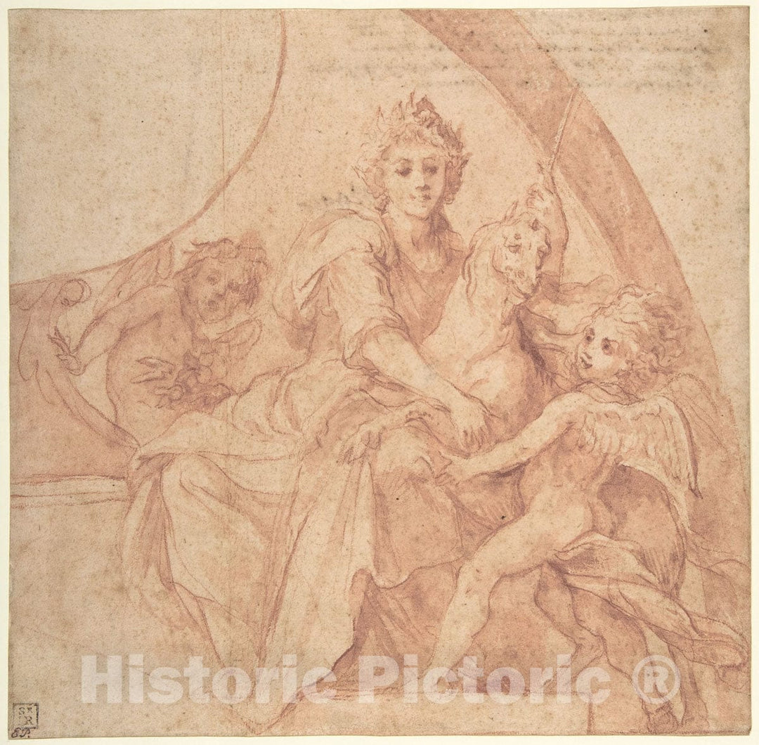 Art Print : Allegorical Figure of Purity with a Unicorn and Two Putti - Artist: Baldassarre Franceschini (il Volterrano) - Created: 1642 : Vintage Wall Art