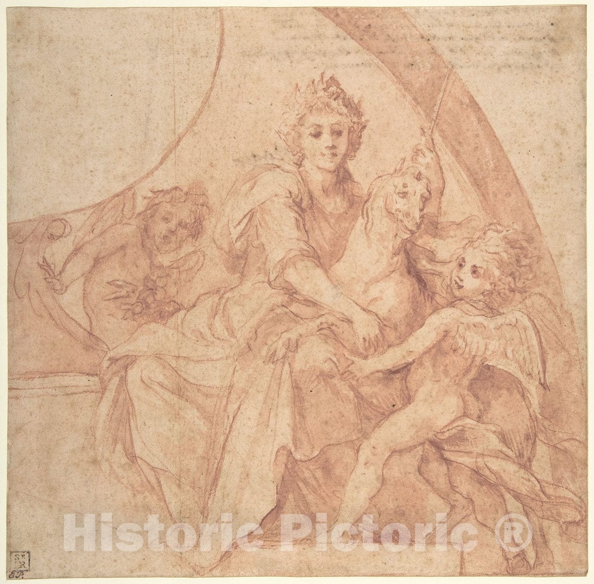 Art Print : Allegorical Figure of Purity with a Unicorn and Two Putti - Artist: Baldassarre Franceschini (il Volterrano) - Created: 1642 : Vintage Wall Art