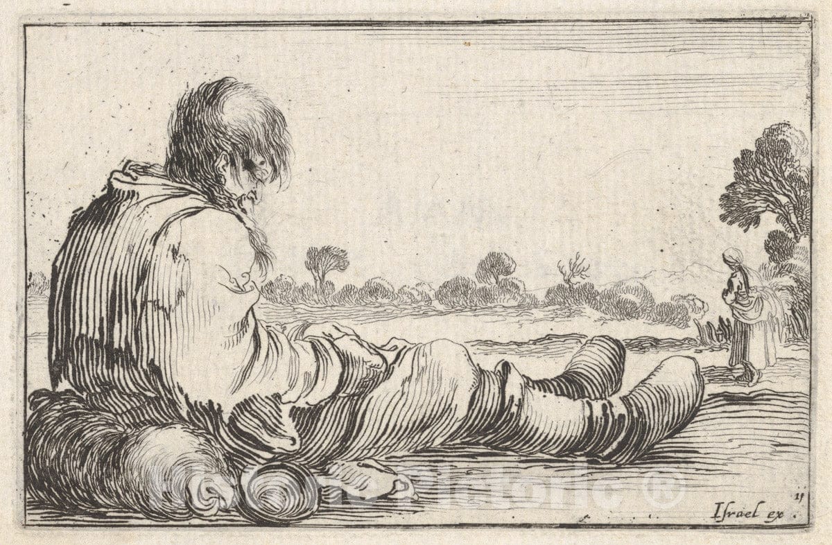 Art Print : Plate 11: an Old Man Sitting on The Ground to Left - Artist: Stefano Della Bella - Created: c1642 : Vintage Wall Art