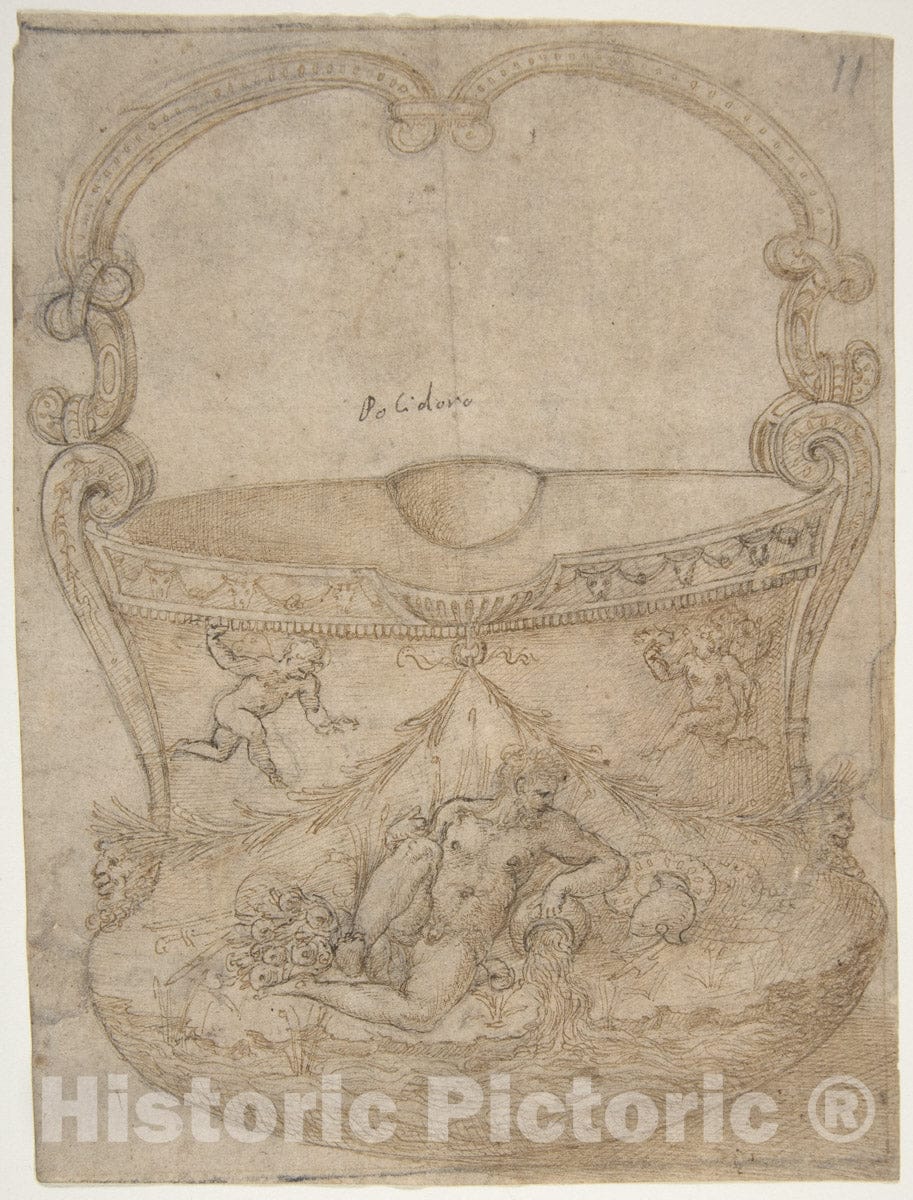 Art Print : Girolamo Genga - Design for a Bucket-Like Vessel with a Handle of Non-Figural Interlaces, on a Body Adorned with a River God and Two Putti. : Vintage Wall Art