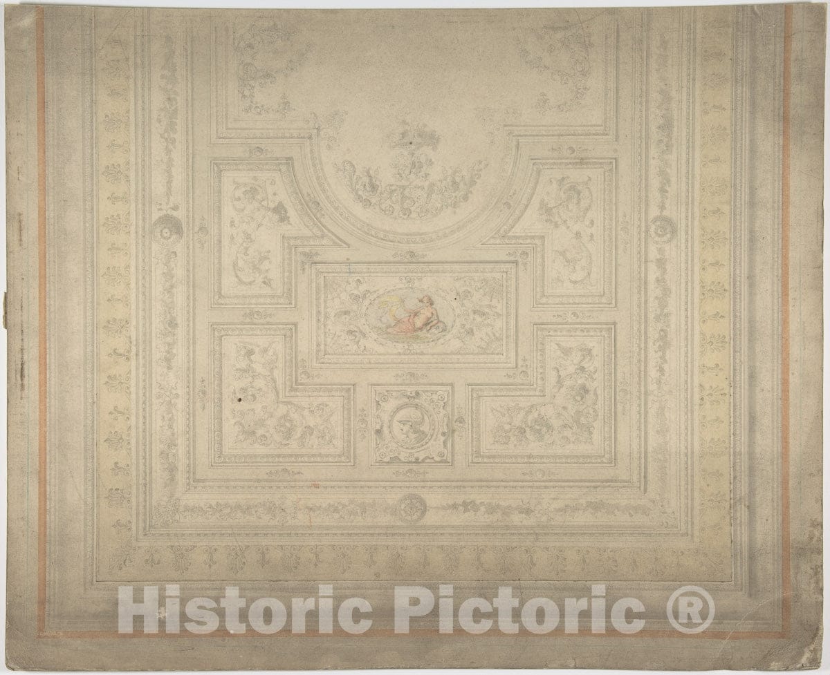 Art Print : British, 19th Century - Ceiling Design with Nymph on Dolphin : Vintage Wall Art