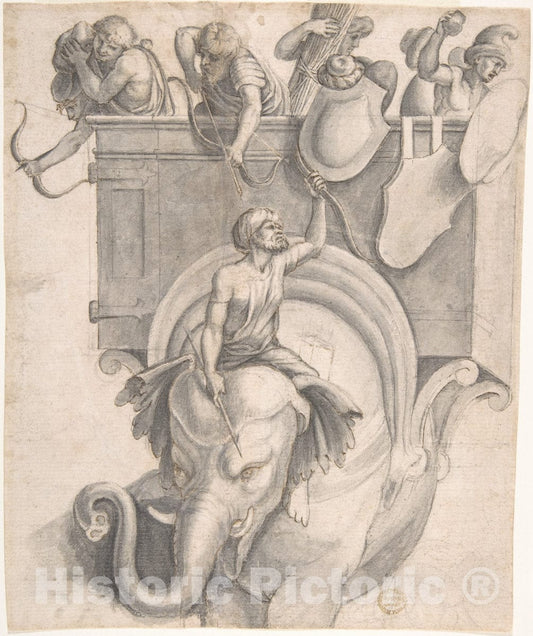 Art Print : After Giulio Romano - Battle Scene with Soldiers Mounted on an Elephant. : Vintage Wall Art