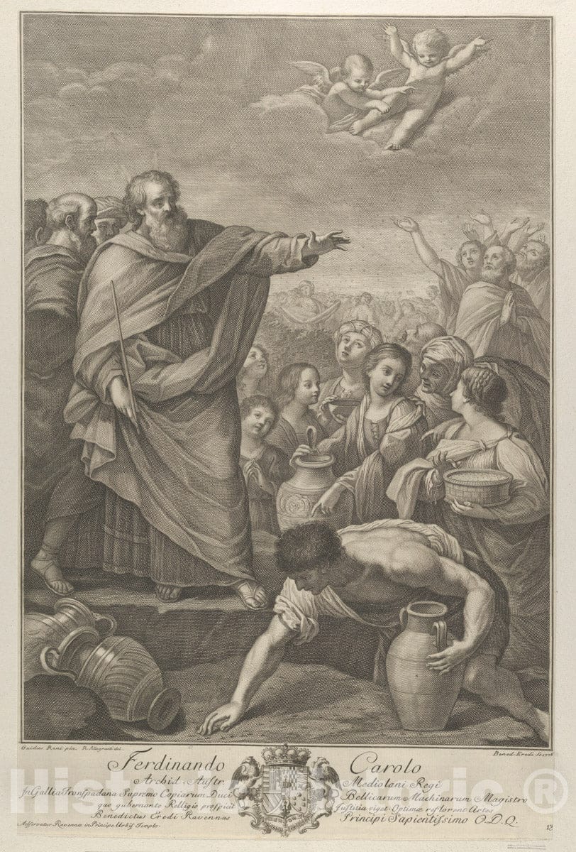 Art Print : Engraved by Benedetto Eredi - Moses at Left with The Israelites who Gather Manna as it Falls from The Sky, Two Angels Above, After Reni : Vintage Wall Art