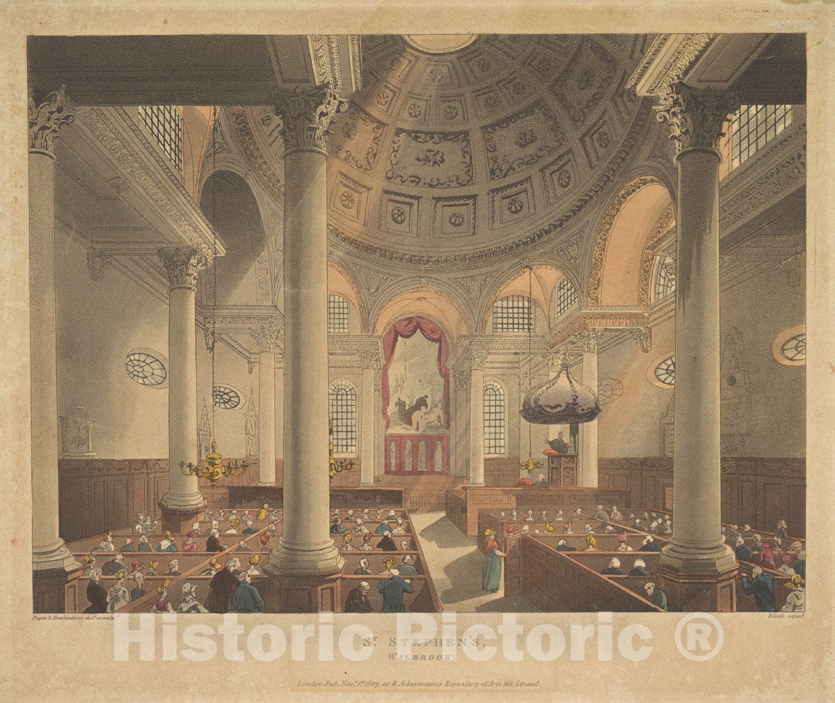 Art Print : Designed and Etched by Thomas Rowlandson - St. Stephen's Walbrook (Microcosm of London, pl. 90) : Vintage Wall Art