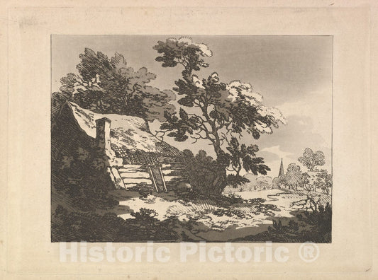 Art Print : Thomas Rowlandson - Landscape with Cottage Among Trees at Left, and a Distant Church Spire at Right : Vintage Wall Art