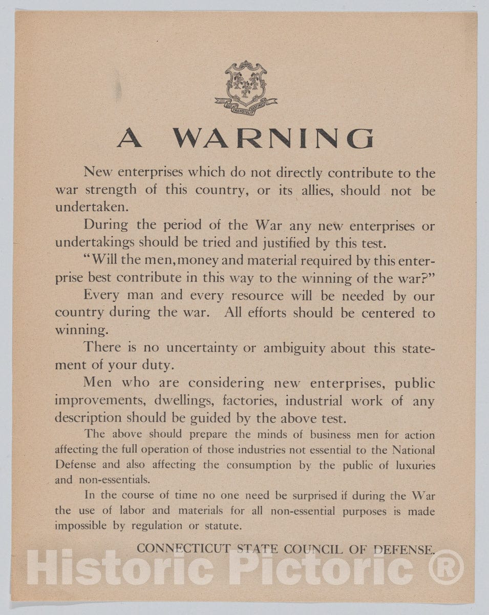 Art Print : Issued by Connecticut State Council of Defense - A Warning : Vintage Wall Art