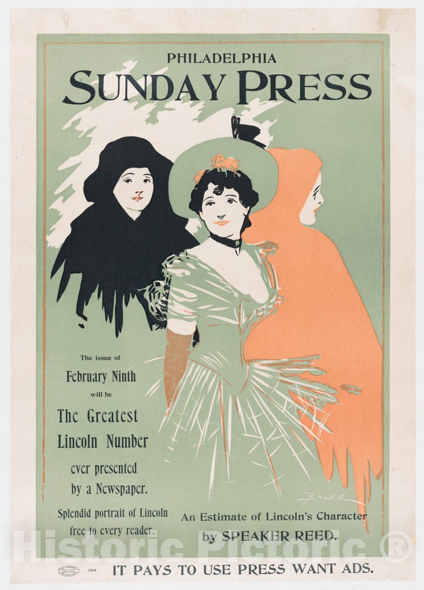 Art Print : George Reiter Brill - Advertisement for Philadelphia Sunday Press: Ferbruard 9, 1896 : Vintage Wall Art