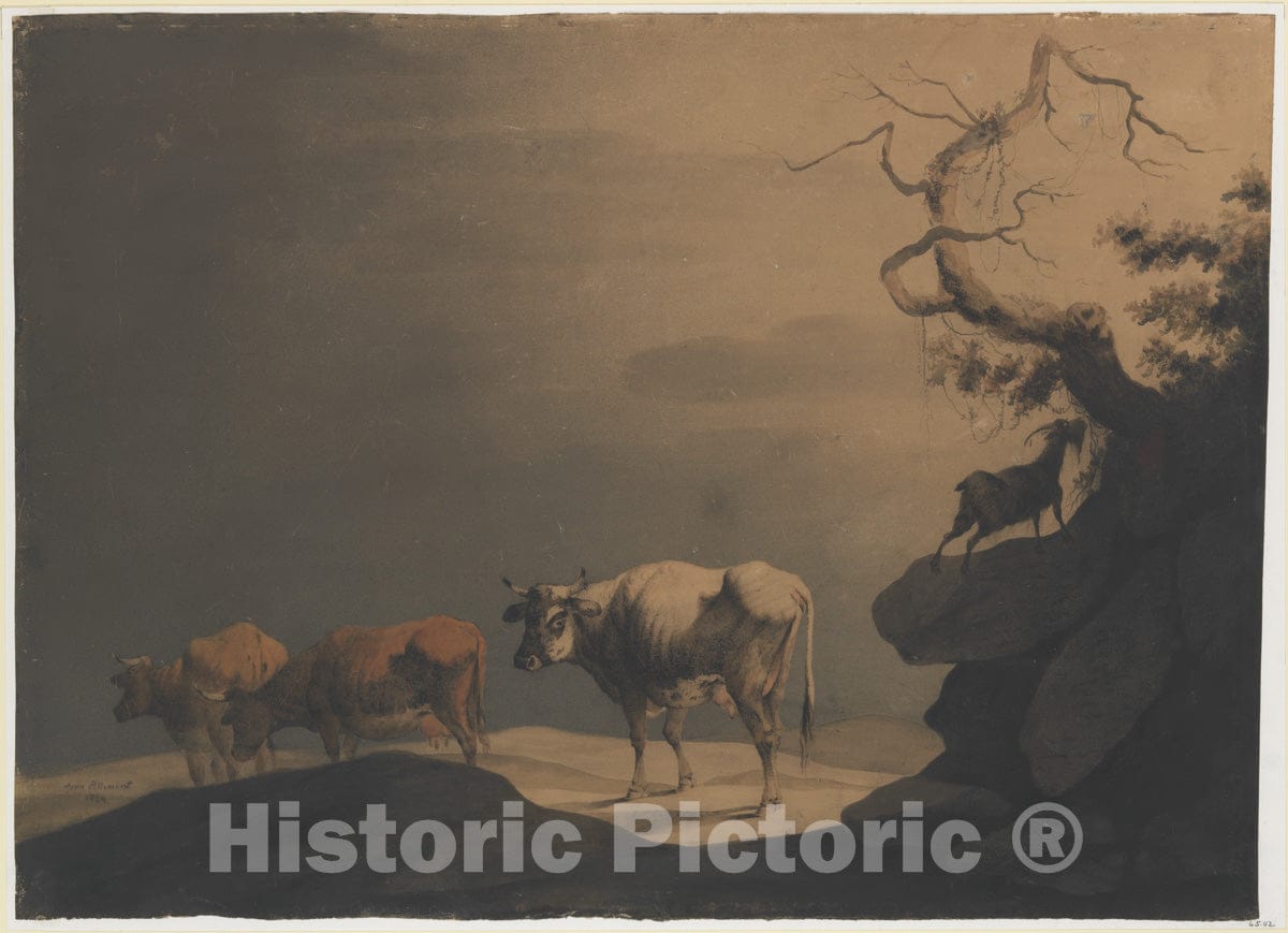 Art Print : Jean Pillement - Cows and a Goat in a Landscape : Vintage Wall Art