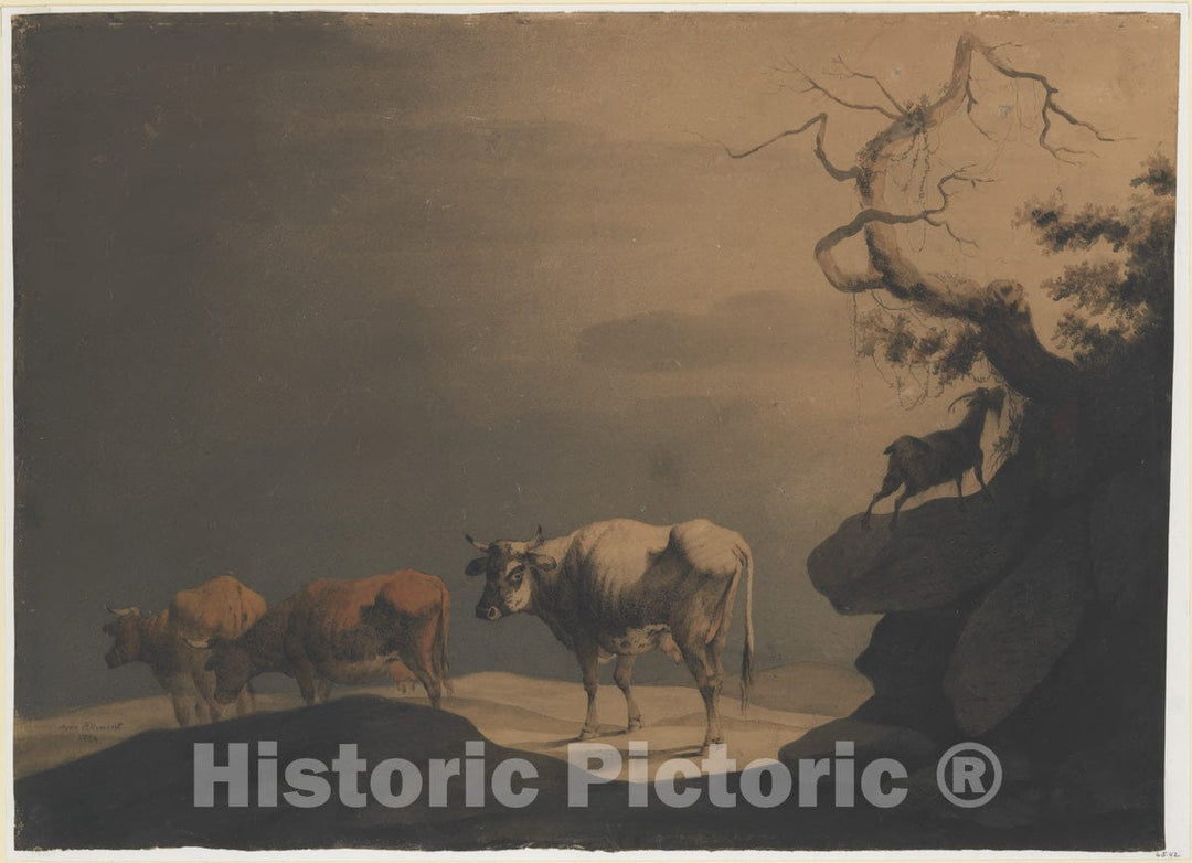Art Print : Jean Pillement - Cows and a Goat in a Landscape : Vintage Wall Art