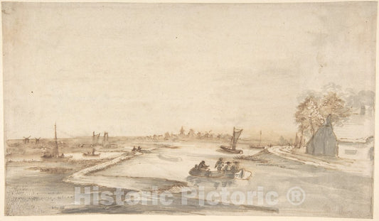 Art Print : Abraham de Verwer - Canal Landscape with Figures : Vintage Wall Art