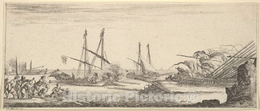 Art Print : A Naval Battle, a Rowboat Full of Men to Left - Artist: Stefano Della Bella - Created: c1641 : Vintage Wall Art