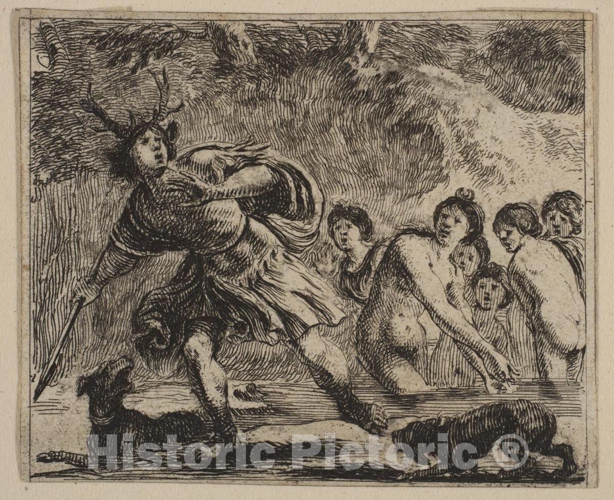 Art Print : Etched by Stefano Della Bella - Acteon, from 'Game of Mythology' (Jeu de la Mythologie) : Vintage Wall Art