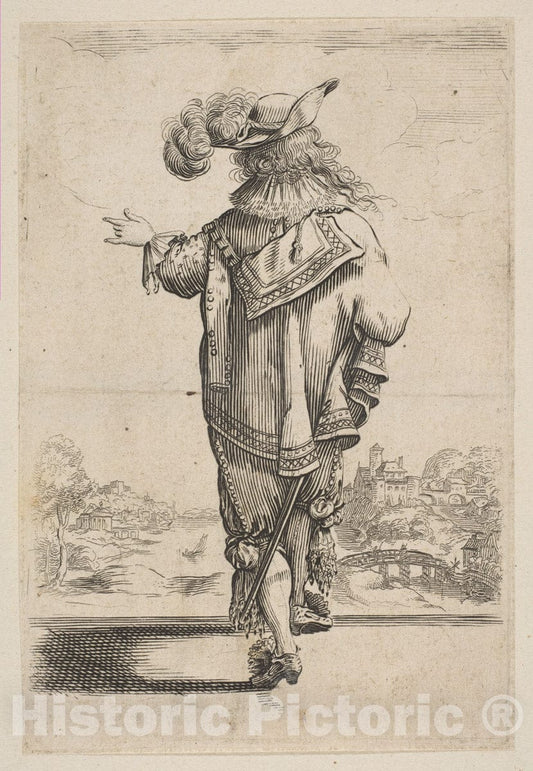 Art Print : Anonymous, French, 17th Century - Gentleman Seen from The Back Indicating a Landscape 1 : Vintage Wall Art