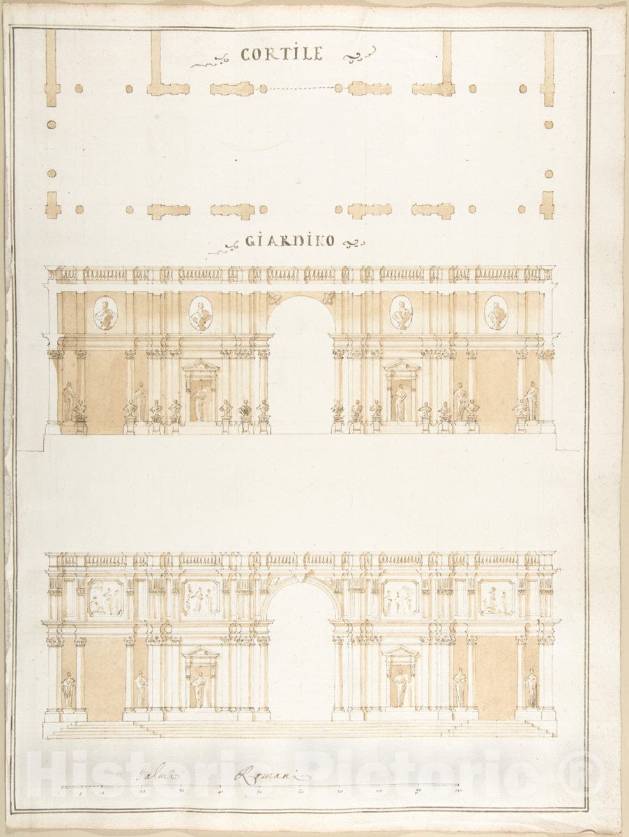 Art Print : Pietro Paolo Coccetti (Cocchetti) - Plan, Section and Exterior Elevation of a Villa : Vintage Wall Art