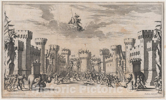 Art Print : Mathäus Küsel - A City Under Siege with Elephants and Soldiers Throughout