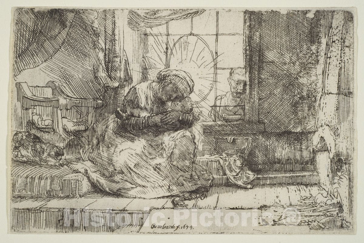 Art Print : Rembrandt (Rembrandt Van Rijn) - Virgin and Child with The Cat: and Joseph at The Window : Vintage Wall Art