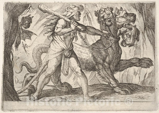 Art Print : Antonio Tempesta - Hercules and Cerberus: Hercules grasps The Collar of Cerberus, Two Demons Appear at Left, from The Series 'The Labors of Hercules' : Vintage Wall Art
