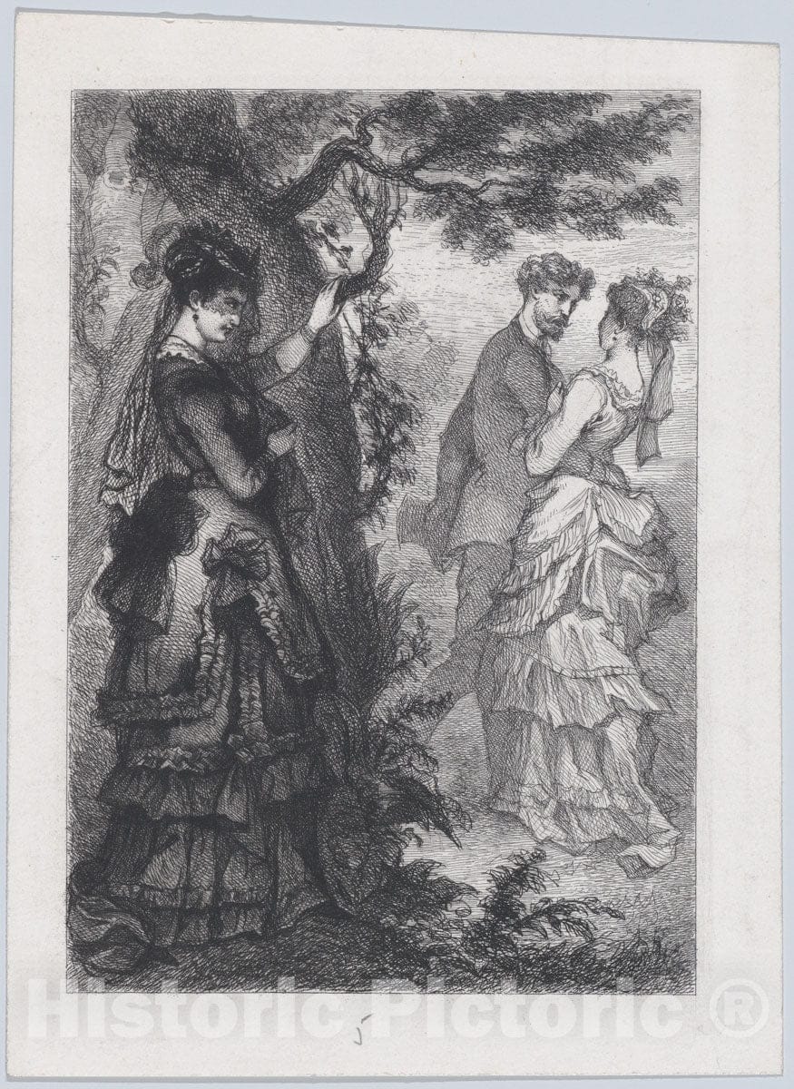 Art Print : Possibly J. Cariven - A Woman Watching a Couple from Behind a Tree : Vintage Wall Art