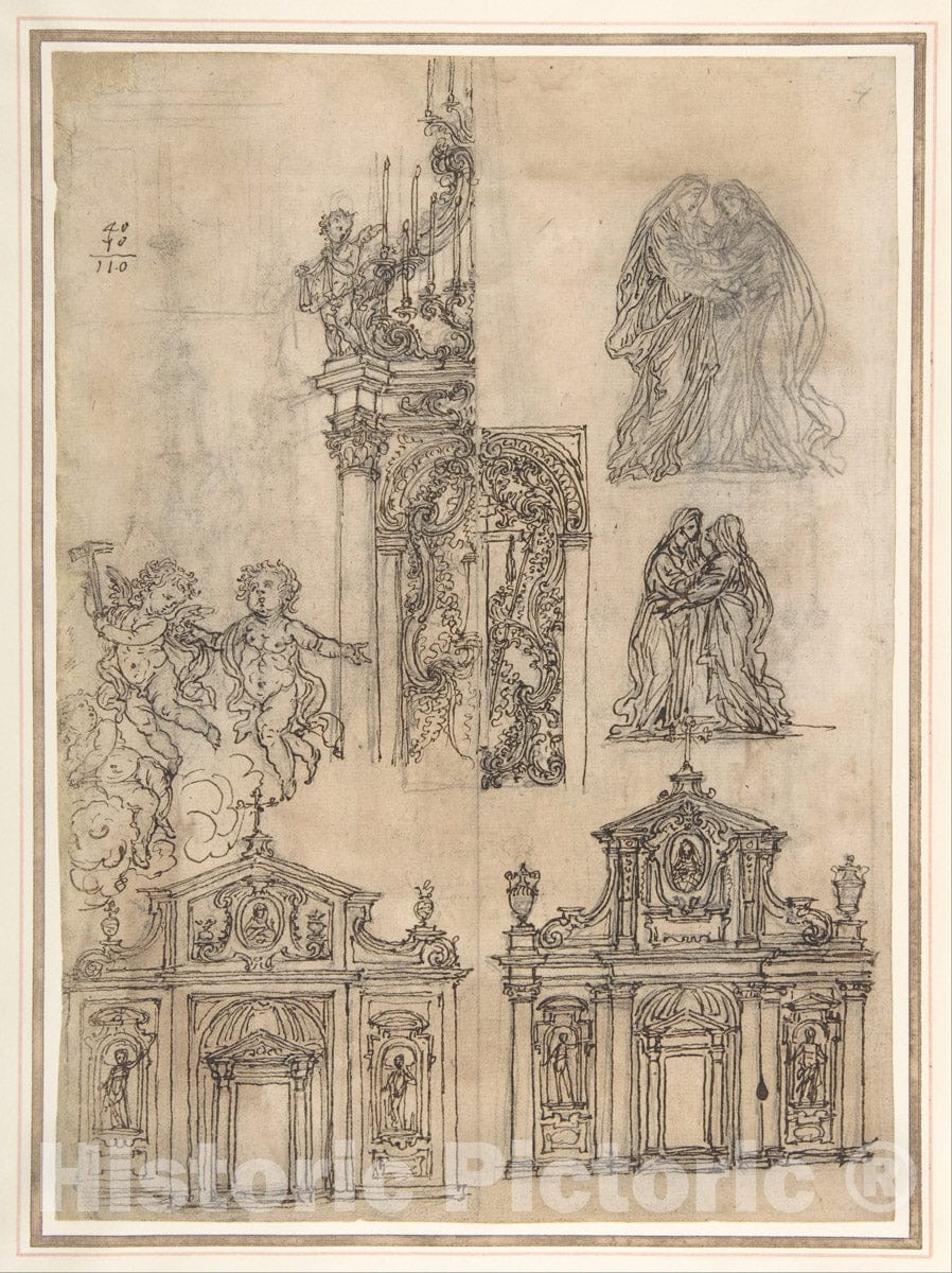 Art Print : A Sheet of Studies with Architectural Motifs and Two Sketches for a Visitation - Artist: Giovanni Battista Foggini - Created: 1652–1725 : Vintage Wall Art