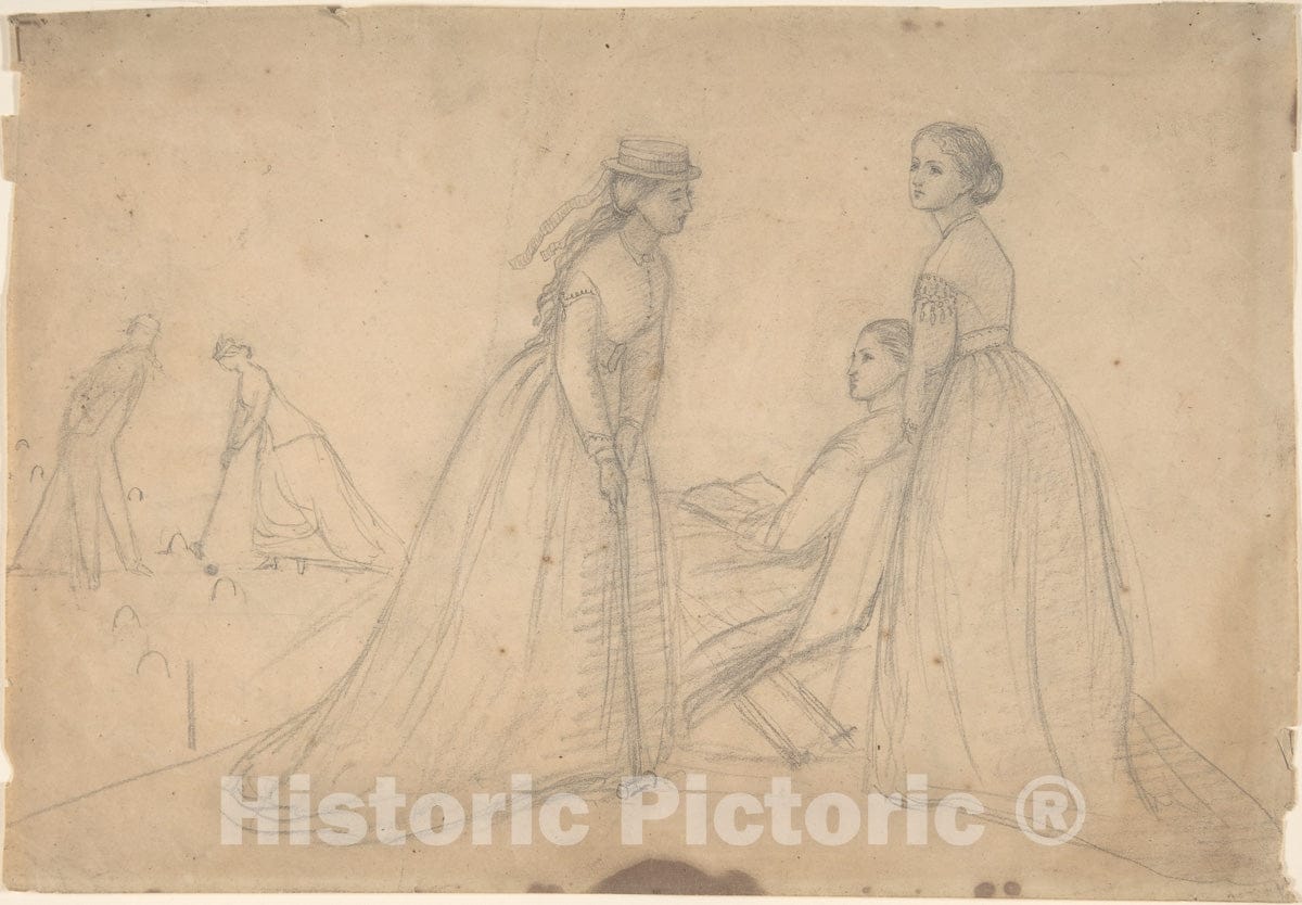 Art Print : Three Women in Conversation Beside a Croquet Field - Artist: Louisa Starr Canziani - Created: c1865 : Vintage Wall Art